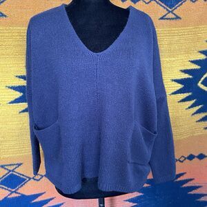 Pink USA Oversized Blue V-Neck Sweater. Pockets. Medium. Button Up Back.